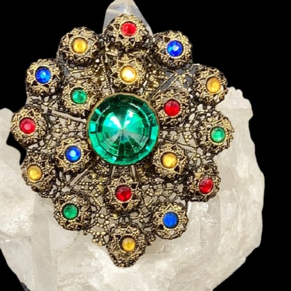 Ornate Filigree Vintage Czech Glass Jeweled Dress Clip - Picture 4 of 8